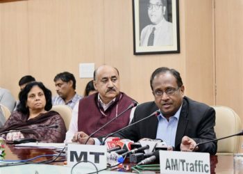 The Member Traffic, Railway Board,Girish Pillai briefing the media about the all-India roll out of unreserved mobile ticketing facility (UTS on mobile), in New Delhi on November 01, 2018