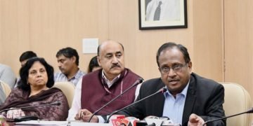 The Member Traffic, Railway Board,Girish Pillai briefing the media about the all-India roll out of unreserved mobile ticketing facility (UTS on mobile), in New Delhi on November 01, 2018