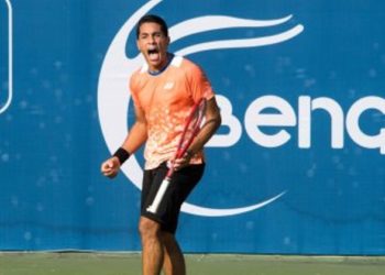 Youssef Hossam exults after winning a point against top seed Albot Radu in the first round of the Bengaluru Open ATP Challenger tennis tournament at the KSLTA on Tuesday.