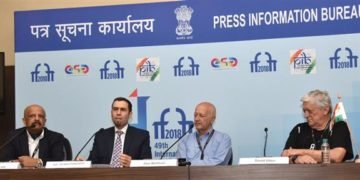 The Consul General of Israel in Mumbai, Ya’akov Finkelstein, the Israeli Director and Writer, Mr. Dan Wolman and David Silber at a press conference, during the 49th International Film Festival of India (IFFI-2018), in Panaji, Goa on November 21, 2018.