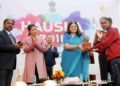 The Union Minister for Women and Child Development, Smt. Maneka Sanjay Gandhi at the inauguration of the HAUSLA-2018 Sports Meet, at JLN Stadium, New Delhi on November 28, 2018. The MP (Rajya Sabha) and Indian Olympic Boxer, Ms. Mary Kom is also seen.