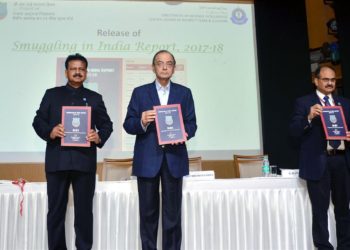 The Union Minister for Finance and Corporate Affairs,i Arun Jaitley releasing the Smuggling in India Report, 2017-18, at the 61st Founding Day of Directorate of Revenue Intelligence (DRI), in New Delhi on December 04, 2018. The Revenue Secretary, Dr. Ajay Bhushan Pandey and the DG, DRI,  D.P. Dash are also seen.