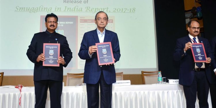 The Union Minister for Finance and Corporate Affairs,i Arun Jaitley releasing the Smuggling in India Report, 2017-18, at the 61st Founding Day of Directorate of Revenue Intelligence (DRI), in New Delhi on December 04, 2018. The Revenue Secretary, Dr. Ajay Bhushan Pandey and the DG, DRI,  D.P. Dash are also seen.