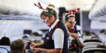 LAPLAND, FINLAND:
Andrea Hatfield (Cabin Crew) gets into the Christmas spirit onboard a special charter to Lapland from London Gatwick on 07 December 2015