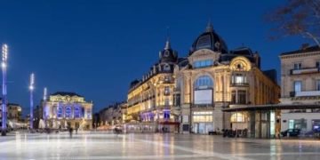 Place de la Comedie square at dusk, Montpellier, France