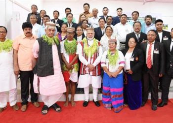 The Prime Minister, Narendra Modi interacted with the Tribal Chiefs and eminent sportspersons from the islands, in Car Nicobar on December 30, 2018. The Minister of State for Communications (I/C) and Railways, Manoj Sinha is also seen