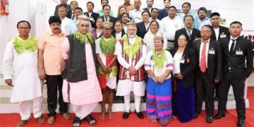 The Prime Minister, Narendra Modi interacted with the Tribal Chiefs and eminent sportspersons from the islands, in Car Nicobar on December 30, 2018. The Minister of State for Communications (I/C) and Railways, Manoj Sinha is also seen