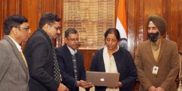 The Union Minister for Defence, Smt. Nirmala Sitharaman launching a newly designed web page (https://aeroindia.gov.in/Drone) for ‘Drone Olympics’ event to be held during Aero India 2019, in New Delhi on December 28, 2018.
