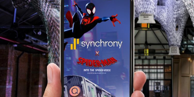 On Wednesday, December 12, 2018, Synchrony will host a new immersive experience in Brooklyn, NY using augmented reality, inspired by Columbia Pictures and Sony Pictures Animation's Spider-Man™: Into the Spider-Verse. Visitors can immerse themselves in a spiderweb installation, taking on the web-spinning abilities of Spider-Man through a mobile browser-based experience, where guests can fire virtual webs and earn chances to win cash. (Photo: Synchrony)