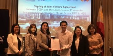 From left to right: Prime Water's Ms. Ma. Fiorella Fabella; Prime Water's Ms. Ma. Gemma Aspiras; Prime Water's Ms. Fe Robancos; BCDA President Mr. Vivencio Dizon; BCDA Executive Vice President Ms. Aileen Zosa; and BCDA Vice President of Finance Ms. Nena Radoc.