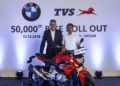 Dr. Markus Schramm, Head of BMW Motorrad, and Mr. KN Radhakrishnan, Director & CEO, TVS Motor Company, at the roll out of 50,000th unit of the BMW 310cc motorcycle in Hosur, Tamil Nadu.