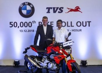 Dr. Markus Schramm, Head of BMW Motorrad, and Mr. KN Radhakrishnan, Director & CEO, TVS Motor Company, at the roll out of 50,000th unit of the BMW 310cc motorcycle in Hosur, Tamil Nadu.
