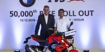 Dr. Markus Schramm, Head of BMW Motorrad, and Mr. KN Radhakrishnan, Director & CEO, TVS Motor Company, at the roll out of 50,000th unit of the BMW 310cc motorcycle in Hosur, Tamil Nadu.