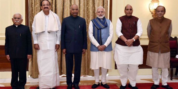 The President, Ram Nath Kovind, the Vice President, M. Venkaiah Naidu and the Prime Minister, Narendra Modi at a swearing-in ceremony of Sudhir Bhargava as Chief Information Commissioner, at Rashtrapati Bhavan, in New Delhi on January 01, 2019. The Union Home Minister, Rajnath Singh and the Union Minister for Finance and Corporate Affairs, Arun Jaitley are also seen.