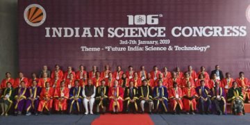The Prime Minister, Narendra Modi in a group photograph at the 106th session of the Indian Science Congress, at Jalandhar, Punjab on January 03, 2019. The Governor of Punjab & the Administrator of Chandigarh, V.P. Singh Badnore, the Union Minister for Science & Technology, Earth Sciences and Environment, Forest & Climate Change, Dr. Harsh Vardhan and the Minister of State for Social Justice & Empowerment, Vijay Sampla are also seen.