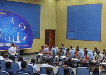 The Chairman ISRO, Space Commission and Secretary, Department of Space, Dr. K. Sivan interacting with the students during the “Samwad with Students” (SwS), part of the enhanced outreach programme of ISRO, in Bengaluru on January 01, 2019.