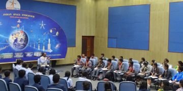 The Chairman ISRO, Space Commission and Secretary, Department of Space, Dr. K. Sivan interacting with the students during the “Samwad with Students” (SwS), part of the enhanced outreach programme of ISRO, in Bengaluru on January 01, 2019.