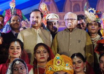 The Governor of Uttar Pradesh, Ram Naik and the Minister of State for Culture (I/C) and Environment, Forest & Climate Change, Dr. Mahesh Sharma at the inauguration of the Sanskriti Kumbh cultural extravaganza, at Kumbh Mela area, in Prayagraj, Uttar Pradesh on January 10, 2019.