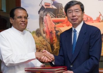 Sri Lanka’s President Mr. Maithripala Sirisena (left) and ADB President Mr. Takehiko Nakao (right) after signing three loan agreements totaling $455 million at ADB headquarters.