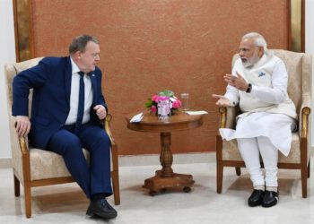 The Prime Minister,  Narendra Modi meeting the Prime Minister of Denmark. Mr. Lars Lokke Rasmussen, on the sidelines of the 9th Vibrant Gujarat Global Summit, at Mahatma Mandir, in Gandhinagar, Gujarat on January 18, 2019.