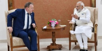 The Prime Minister,  Narendra Modi meeting the Prime Minister of Denmark. Mr. Lars Lokke Rasmussen, on the sidelines of the 9th Vibrant Gujarat Global Summit, at Mahatma Mandir, in Gandhinagar, Gujarat on January 18, 2019.