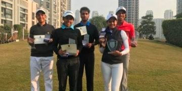 Mathew Faldo, Director, Faldo Series, Tanishka Kumar, winner U-21 Girls, Pranavi Urs, U-16 Girls, Ronak Sheth, Chief Client Experiences Officer, IIIFL Investment Managers, Aryan Roopa Anand, winner, boys in the U-18 Category, Shaurya Bhattacharya, winner, in the Boys U-16 Category, Keshav Mishra in the Boys U-21 Category and Rishi Narain of the Rishi Narain Sports Marketing Firm.