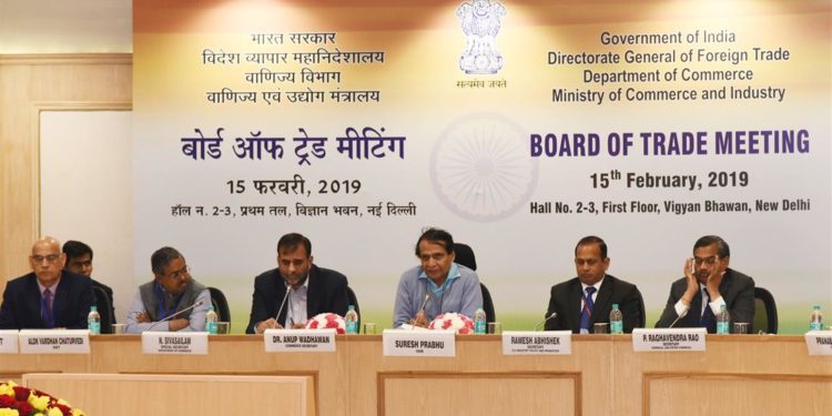 The Union Minister for Commerce & Industry and Civil Aviation, Suresh Prabhakar Prabhu chairing the Board of Trade Meeting, in New Delhi on February 15, 2019. The Commerce Secretary, Dr. Anup Wadhawan and the Secretary, DPIIT, Shri Ramesh Abhishek are also seen.