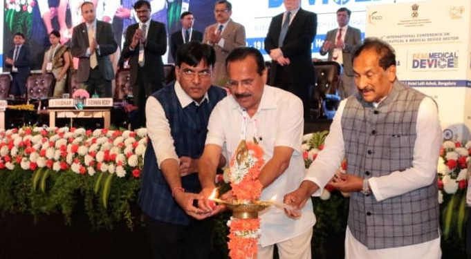 The Union Minister for Statistics & Programme Implementation and Chemicals & Fertilizers, D.V. Sadananda Gowda lighting the lamp at the inaugural ceremony of the “India Pharma- 2019 and India Medical Device -2019”, in Bangalore on February 18, 2019. The Minister of State for Road Transport & Highways, Shipping and Chemicals & Fertilizers, Mansukh L. Mandaviya and the Minister for Large & Medium Scale Industries, Karnataka, K.J. George are also seen