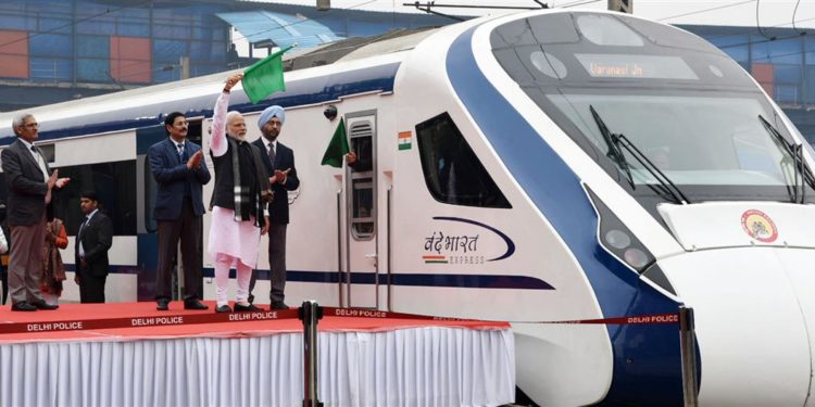 The Prime Minister, Narendra Modi flagging off the first Semi High Speed Train “Vande Bharat Express”, at New Delhi Railway Station on February 15, 2019.