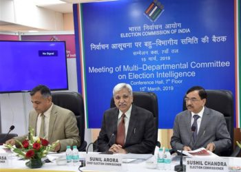 The Chief Election Commissioner, Sunil Arora along with the Election Commissioners, Ashok Lavasa and Sushil Chandra holding a meeting of the Multi-Departmental Committee on Election Intelligence, in New Delhi on March 15, 2019.