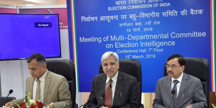 The Chief Election Commissioner, Sunil Arora along with the Election Commissioners, Ashok Lavasa and Sushil Chandra holding a meeting of the Multi-Departmental Committee on Election Intelligence, in New Delhi on March 15, 2019.