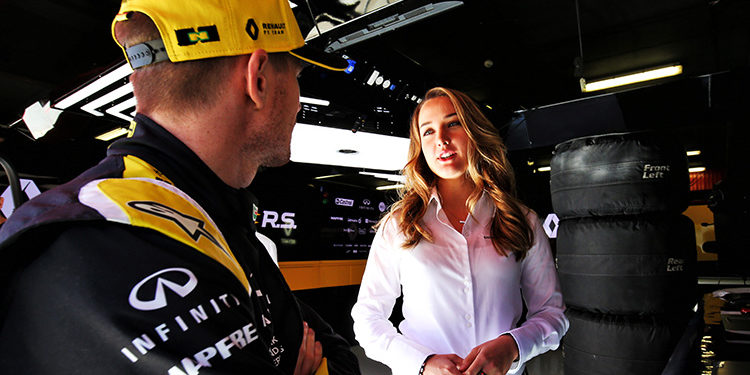 INFINITI Engineering Academy 2018 USA winner SabrÈ Cook with Renault F1Æ Team Driver Nico H¸lkenberg during the Formula 1ô winter testing in Barcelona (February 2019).