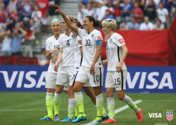 VANCOUVER, BC - JULY 05: Carli Lloyd of USA (2nd R) celebrates scoring her 3rd goal with her team mates during the FIFA Women's World Cup 2015 Final between USA and Japan at BC Place Stadium on July 5, 2015 in Vancouver, Canada.  (Photo by Steve Bardens-FIFA/FIFA via Getty Images)