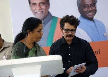 Political Strategist, Strategist for Telangana For Modi campaign and CEO of MJSPR MJ Srikant in discussion with the Hon'ble Union Defence Minister Nirmala Sitharaman prior to the commencement of Professionals Meet, which was organized by Telangana For Modi, under the leadership of political leader and industrialist G Yoganand.