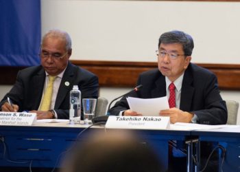 ADB President Mr. Takehiko Nakao (right) addresses Pacific Developing Member Country Governors on 1 May 2019 at the 52nd Annual Meeting in Nadi, Fiji. The Republic of the Marshall Islands Minister of Finance, Banking, and Postal Services Mr. Brenson S. Wase (left) co-chaired the meeting.