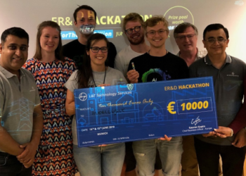 Left to right: Nitin Ugale from Sulzer | Gaurav Gupta from LTTS | Winners - Annabel Michel; Lars Konig; Atenea Fernandez Rozaoilla; Luca Setili; Till Neumeier | David Humphrey from ARC Advisory Group | Samir Bagga from LTTS | Nawida Martinozzi from Nokia