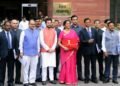 The Union Minister for Finance and Corporate Affairs, Smt. Nirmala Sitharaman departs from North Block to Rashtrapati Bhavan and Parliament House, along with the Minister of State for Finance and Corporate Affairs, Anurag Singh Thakur and the senior officials to present the General Budget 2019-20, in New Delhi on July 05, 2019.