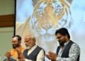 The Prime Minister,  Narendra Modi at the release of the results of 4th cycle of All India Tiger Estimation – 2018, on the occasion of the Global Tiger Day, in New Delhi on July 29, 2019. The Union Minister for Environment, Forest & Climate Change and Information & Broadcasting, Prakash Javadekar and the Minister of State for Environment, Forest and Climate Change, Babul Supriyo are also seen.