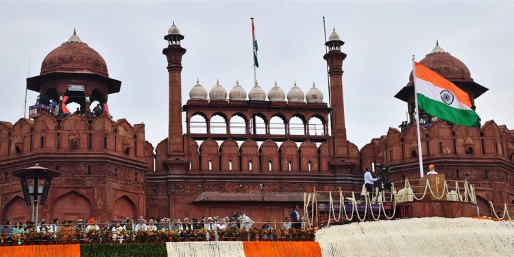 The Prime Minister,  Narendra Modi addressing the Nation on the occasion of 73rd Independence Day from the ramparts of Red Fort, in Delhi on August 15, 2019.