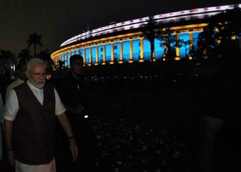 The Prime Minister, Narendra Modi inaugurates the dynamic lighting facility, at Parliament House Complex, in New Delhi on August 13, 2019.