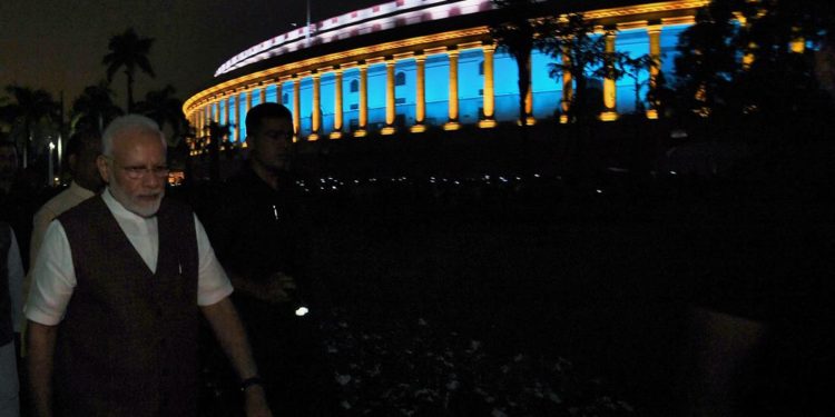 The Prime Minister, Narendra Modi inaugurates the dynamic lighting facility, at Parliament House Complex, in New Delhi on August 13, 2019.