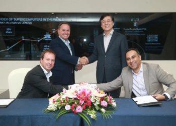 ntel chief executive officer Bob Swan and Navin Shenoy, Intel executive vice president and general manager of the Data Center Group, meet with Lenovo chief executive officer Yuanqing Yang and Kirk Skaugen, executive vice president and president, Lenovo Data Center Group to sign multiyear global collaboration agreement. (Credit: Intel Corporation)