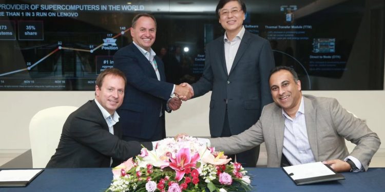 ntel chief executive officer Bob Swan and Navin Shenoy, Intel executive vice president and general manager of the Data Center Group, meet with Lenovo chief executive officer Yuanqing Yang and Kirk Skaugen, executive vice president and president, Lenovo Data Center Group to sign multiyear global collaboration agreement. (Credit: Intel Corporation)