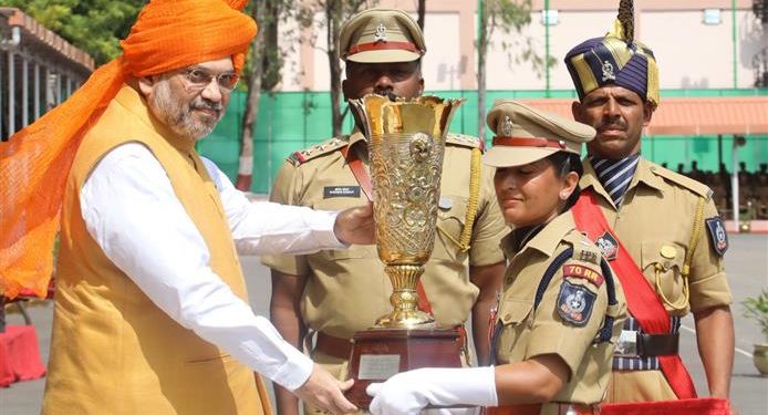 The Union Home Minister, Amit Shah presenting the award for the Best Lady probationer, at the Passing Out Parade of IPS Probationers, at Sardar Vallabhbhai Patel National Police Academy, in Hyderabad on August 24, 2019.