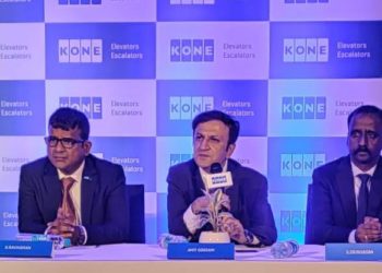 (L to R) S Ravindran, Director, South India & Sri Lanka, Amit Gossain, MD, KONE India and   S Srinivasan, Director, India Technology & Engineering Centre  addressing the  press conference in Bengaluru
