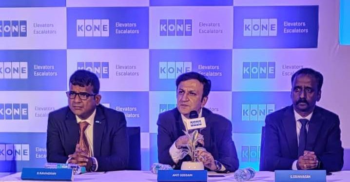 (L to R) S Ravindran, Director, South India & Sri Lanka, Amit Gossain, MD, KONE India and   S Srinivasan, Director, India Technology & Engineering Centre  addressing the  press conference in Bengaluru