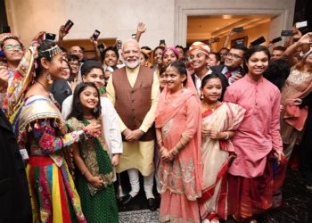 The Prime Minister, Narendra Modi being enthusiastically welcomed by the Indian community, in Manama, Bahrain on August 24, 2019.