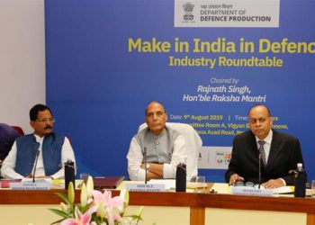 The Union Minister for Defence,  Rajnath Singh chairing the ‘Make in India in Defence Industry Roundtable’ with captains of defence industry, in New Delhi on August 09, 2019. The Minister of State for AYUSH (Independent Charge) and Defence, Shripad Yesso Naik and the Secretary (Defence Production), Dr. Ajay Kumar are also seen.