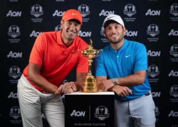 Aon ambassadors Tony Finau (left) and Francesco Molinari (right) at the announcement of Aon’s worldwide partnership with The Ryder Cup