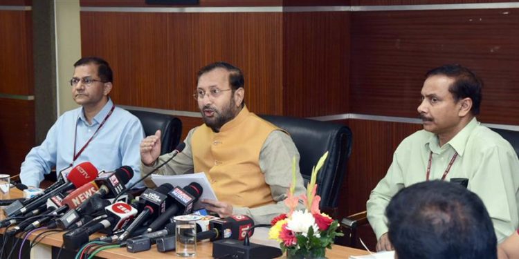 The Union Minister for Environment, Forest & Climate Change and Information & Broadcasting, Prakash Javadekar addressing a press conference regarding some important issues related to the Ministry, in New Delhi on October 07, 2019.